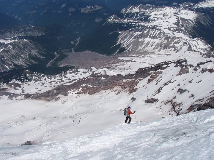 Tony about to commit to skiing over the edge where Sky and I had to downclimb last time.