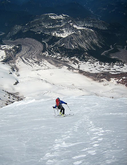 Initial turns on funky snow off the Liberty Cap glacier (photo by Eric Wehrly).