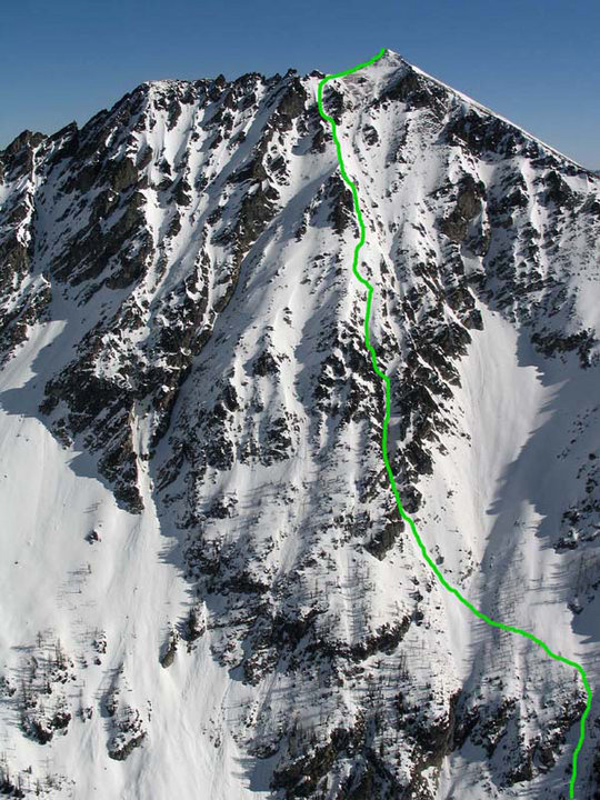 Ski descent drawn in by Scott, photo by John Scurlock