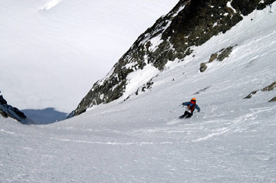 Sky skis Mt Buckner's North Couloir.